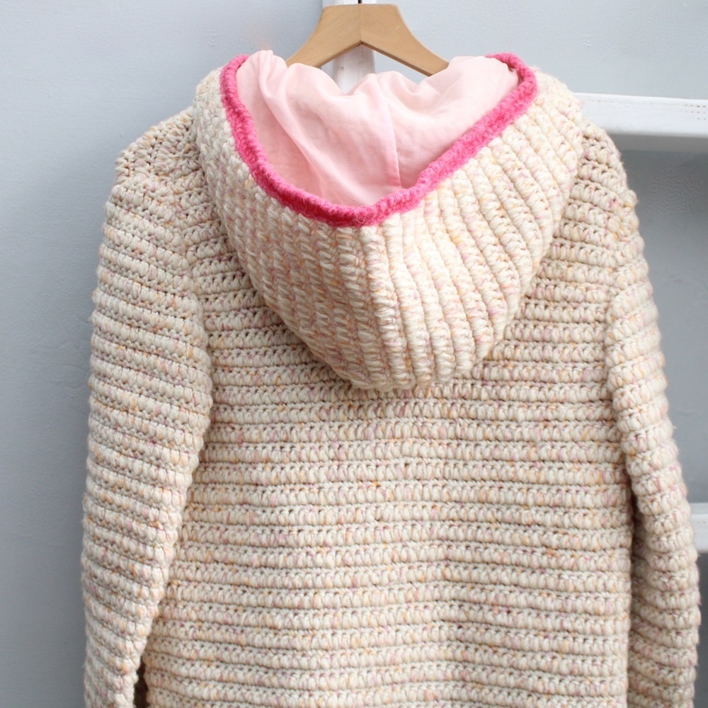 Handmade Crochet Knit Wool Cream & Pink Toggle Hooded Jacket Sweater Size Small - Picture 4 of 7